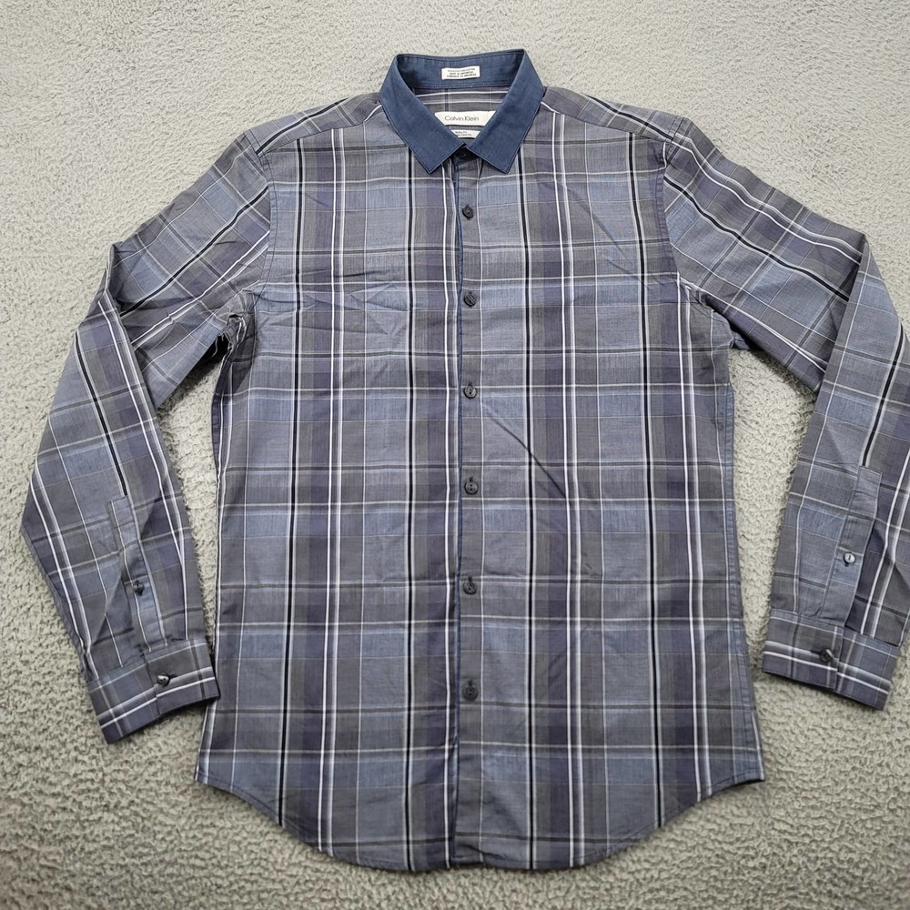 Calvin Klein Shirt Mens Small Blue Plaid Body Fit Button Up Long Sleeve Classic